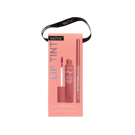 A Technic lip tint set in a pink box, featuring a black carrying strap, a lip tint tube, a doe-foot applicator, and a matching lip liner pencil.