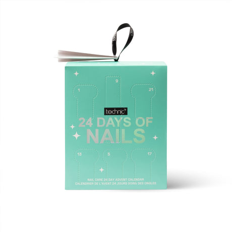 A mint green Technic '24 Days of Nails' advent box with numbered cutout windows and a black hanging ribbon, photographed on a clean white background.