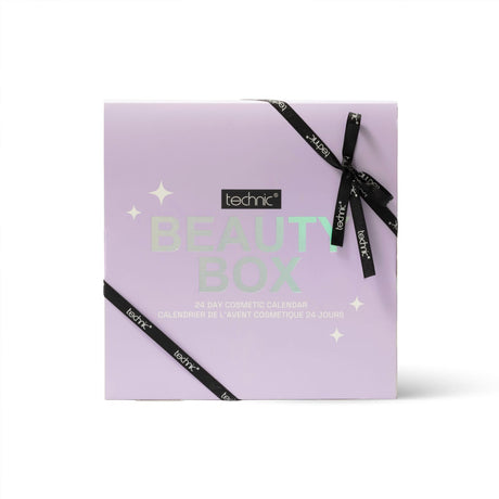 A square lavender-purple TECHNIC Beauty Box package with a black ribbon tied in a bow and diagonal black straps, on a clean white background.