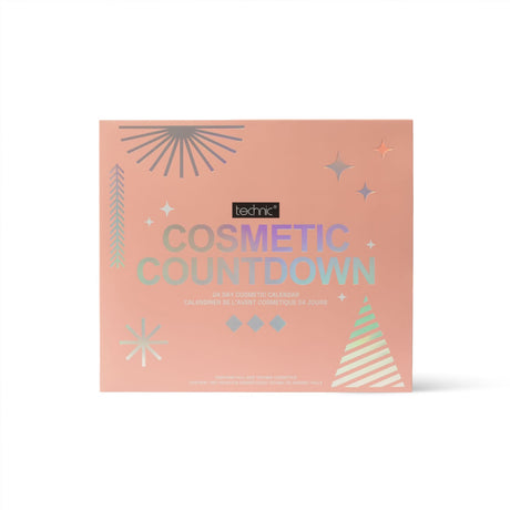 A rectangular cosmetic countdown box by Technic in a dusty pink colour, decorated with silver and iridescent geometric shapes and the text 'COSMETIC COUNTDOWN'.