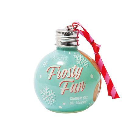 A teal bauble-shaped shower gel bottle with 'Frosty Fun' written on it, with a red and pink striped hanging ribbon, on a plain white background.