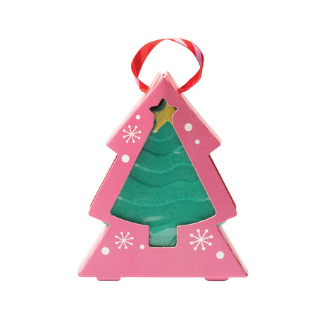 Christmas tree bath fizzer in pink box with red ribbon for hanging