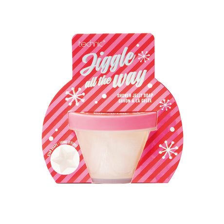 Technic Jiggle All The Way Shower Jelly Soap in its pink and red striped retail packaging, featuring a clear container with pale yellowish-beige jelly inside.
