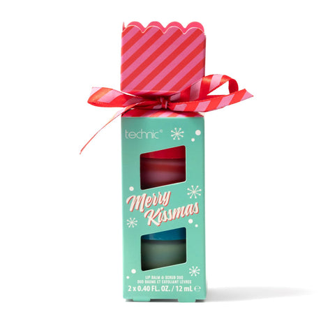 Technic Merry Kissmas gift set featuring two lip balm and lip gloss sticks in a mint green box designed like a Christmas ornament, with a pink striped top and red ribbon bow, on a white background.