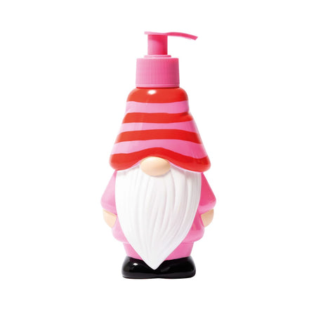 A novelty pump bottle shaped like a gnome, featuring a pink and red striped hat, a white beard, and a pink body, shown on a plain white background.