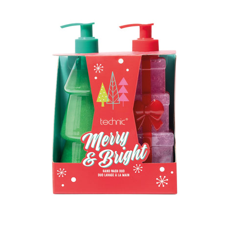 Two Christmas-themed plastic pump bottles in a red box.