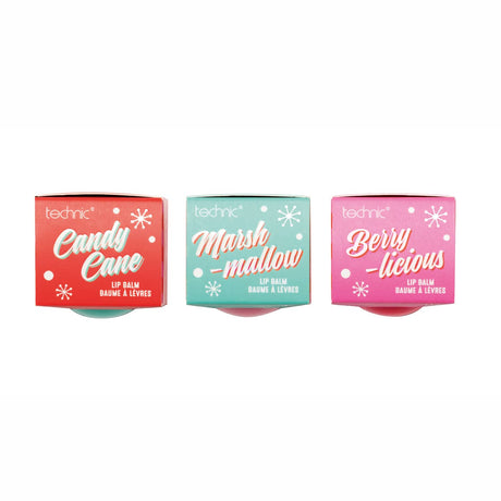 Three Technic lip balm boxes in red, mint green, and pink, labelled Candy Cane, Marshmallow, and Berry-licious, on a white background.
