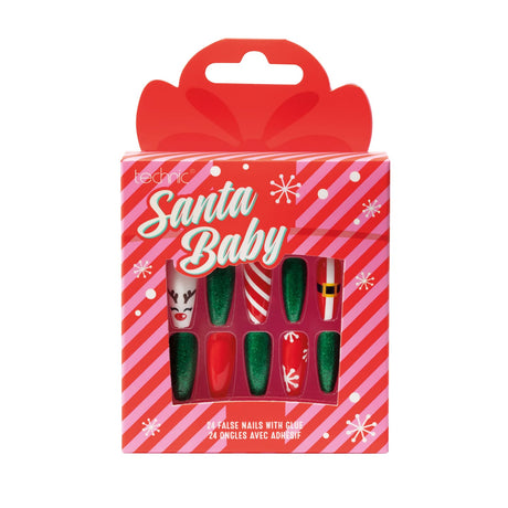 A package of Santa Baby false nails in a festive red and pink striped box with a red handle. The nails feature Christmas designs including green glitter, red glitter, candy cane stripes, Santa's face, and a Santa belt.