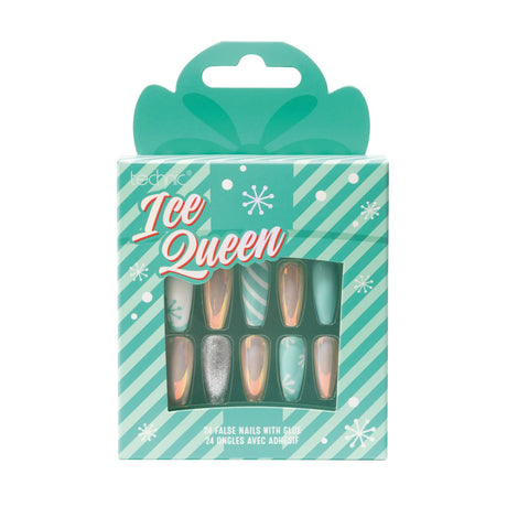 Technic Ice Queen press-on nail set in a mint green and white striped box with a teal hanger tab, showing 10 false nails with glitter and pastel designs.