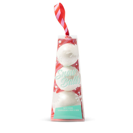 Three white textured snow ball bath fizzers in a clear cone-shaped plastic box with a red and pink striped hanging ribbon, labeled 'Snow Balls' on a white background.