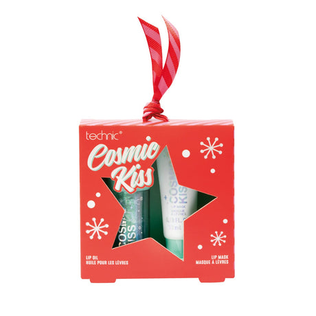 A red Technic 'Cosmic Kiss' holiday gift set in a box with a red ribbon loop, containing a green lip oil and a mint green lip balm tube, on a white background.